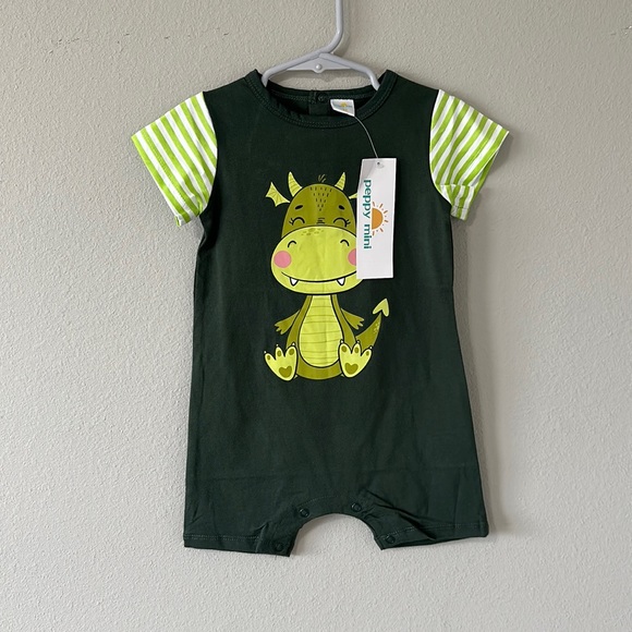 NWT Peppy Mini 2T Toddler Green Dragon Stripes Short Sleeve Romper - Picture 2 of 9